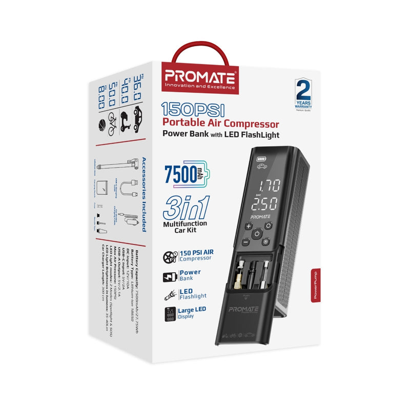Promate 150PSI Portable Air Compressor with Power Bank